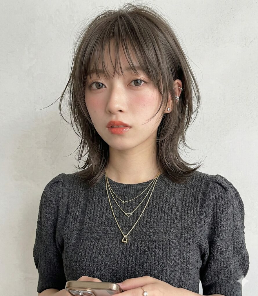 暗髪グレージュの透け感ウルフカット×顔周りレイヤーUP